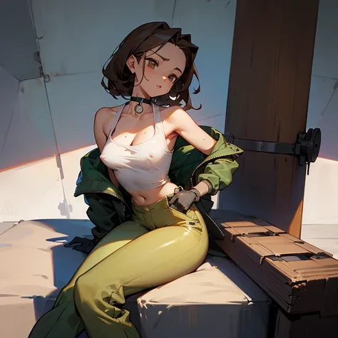 sitting、slender、big breasts、Very slight presence of nipples、Goggles on foreheadをつけている、small ass、A slender and delicate mechanic girl、Roomy clothes、Dowel dowel trousers、oversized cargo pants、It&#39;s a bellybutton、Front zip high neck top、bare shoulders、off ...