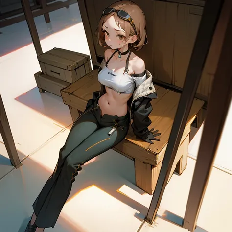 sitting、slender、big breasts、Goggles on foreheadをつけている、small ass、A slender and delicate mechanic girl、Roomy clothes、Dowel dowel trousers、oversized cargo pants、It&#39;s a bellybutton、Front zip high neck top、crop top、bare shoulders、off shoulder、work gloves、Go...