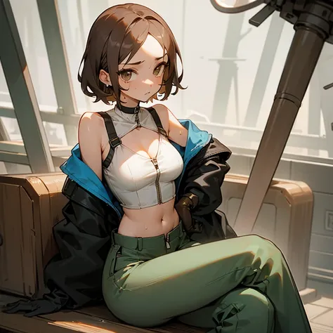 sitting、slender、big breasts、Goggles on foreheadをつけている、small ass、A slender and delicate mechanic girl、Roomy clothes、Dowel dowel trousers、oversized cargo pants、It&#39;s a bellybutton、Front zip high neck top、crop top、bare shoulders、off shoulder、work gloves、Go...