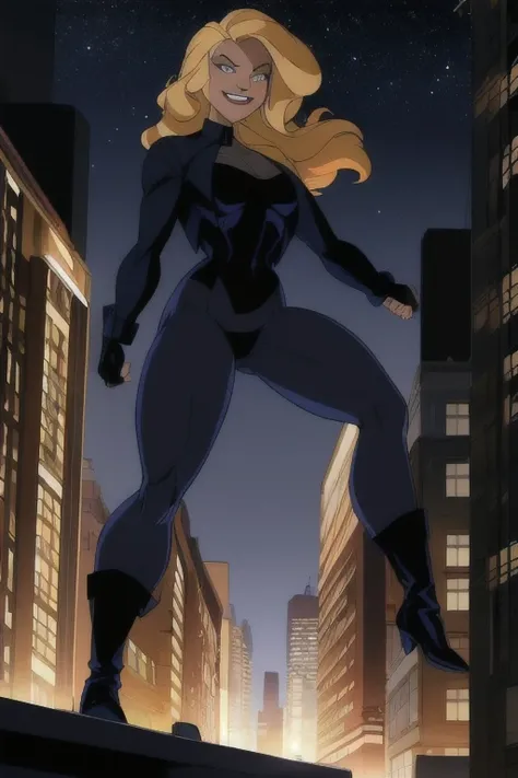 ((masterpiece,best quality)), absurdres, Black_Canary_JLU, solo, smiling, looking at viewer, cowboy shot, night sky and city in background, cinematic composition, dynamic pose,
