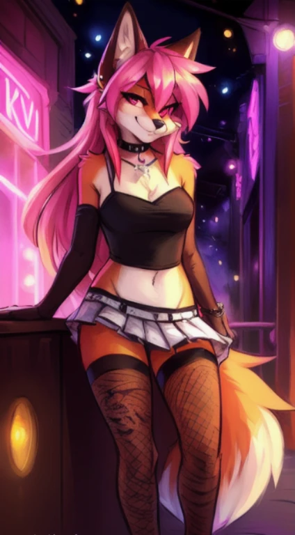 ((masterpiece, best quality)), (anthro furry:1.3, snout:1.2, anthro:1.3, furry:1.2, solo female:1.2, neckline, half-closed eyes, smug smile), torn black top, white mini-skirt, high Fishnet stockings, black shoes, full body, Long hair, pink hair, fox, pink ...