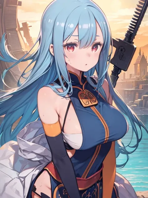 (detailed and beautiful eyes), (beautiful and detailed face), (table top, highest quality:1.1), priest (dq3), 1 girl, alone, long hair, (blue hair), (red eyes), (miter saw), (Thin Tabard:1.4), (cross print), (orange elbow gloves), big breasts, holding, sta...