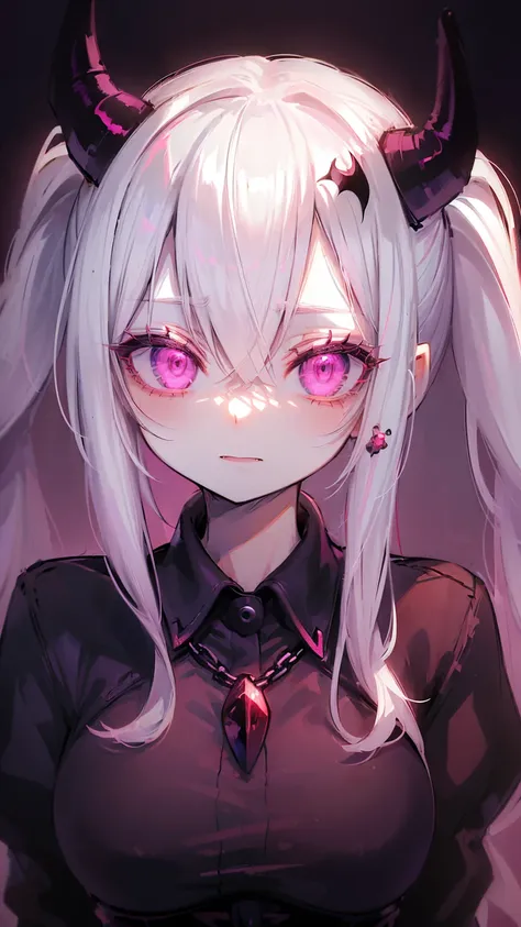 ((masterpiece, best quality)), (1girl, anime girl in dark prison),(mature, devil horn), (solo), (female focus), (white hair, twintail),pink eyes, ((vampire)), pale skin, evil, vicious, portraits, close up, upper body, vibrant colors, soft lighting