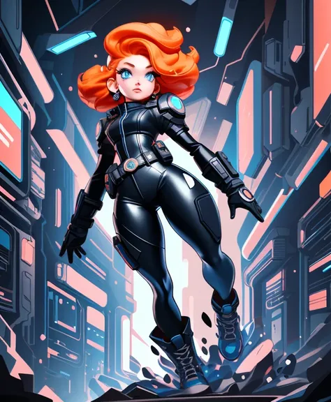 1girl, cowboy shot, Cyberpunk Agent, orange hair, blue eyes, pure black leather tights, aggressive action, impactful action, full body, perspective composition, exaggerated composition, perfect composition, close-up of face, perfect eyes, dynamic compositi...