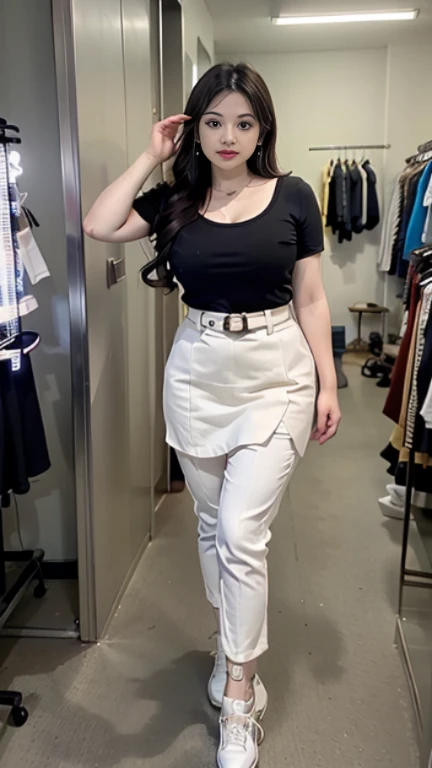 ((Melhor qualidade)), ((obra de arte)), (detalhado), rosto perfeito, araffe woman espesso and thight long pants posing for a picture, curvy model,, curvy hourglass figure, longer hand sexy t-shirt, grosso, beautiful corpo todo shot, smooth, curvy shape, in...