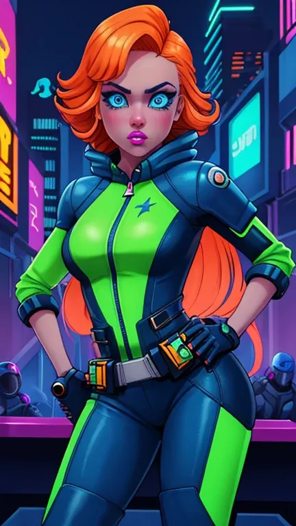 girl, cowboy shot, Sexy Experienced Cyberpunk Agent, orange hair, blue eyes, (Wearing: highly detailed futuristic jumpsuit, utility belt, boots), light skin, natural makeup, athletic body, standing in a futuristic city with neon lights, holding two pistols...