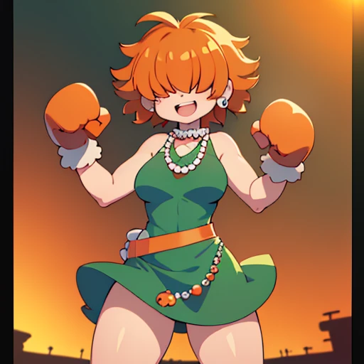 By bebebebebe ,High quality,Female ,((hair covering eyes,fluffy hair,short hair,smiling,open mouth,(breasts),solo,orange hair,toned,Earrings,Curvy legs,2 arms,dramtic lighting,red boxing gloves,b Pearl Necklace,green dress,punching at Viewer ,side park