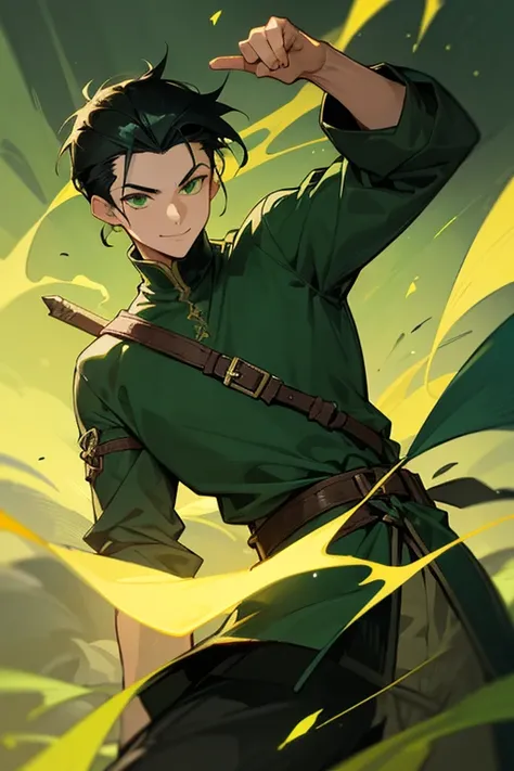 a man of average appearance, a kind and self-confident smile, short hair tied back, black hair, slicked back hair, green eyes, he wears a dark green adventurer outfit, with yellow touches, medieval fantasy, anime style