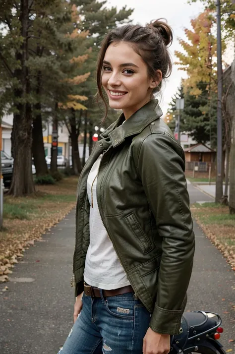 beautiful woman in olive green leather military jacket that is very worn and torn and full of dust, special pants for riding a motorcycle, a large jacket with patches, hands with and jeans, smiling at camera standing next to motorcycle on street, autumn da...