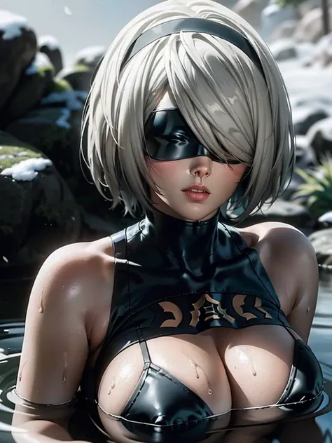 masutepiece, Best Quality, hight resolution, 2b/(Nier:Automata)/,1girl in, Portrait, Realistic, Towel, ((Bathing in a hot spring)), An ultra-high picture quality、Very cute、(((wearing a black blindfold)))、melting lips、in snow、Beautiful fece、More realistic、h...