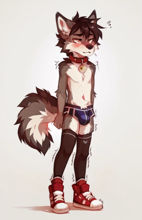 full body，No background, white background, ((by keihound, by reysi)), by Zackary911, by hyattlen, by fumiko, by fluff-kevlar, Furry, Anthro, ((wolf)), ((loose collar)), ((teen)), ((twink)), ((small)), ((bored eyes)), ((annoyed expression)), ((blushing)), (...