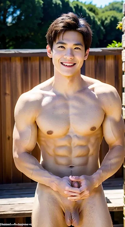 best quality, Ultra high resolution, (realistic:1.4), Masterpiece, blurred background ,muscle, alone, 1 boy, young man , stand, White skin, no clothes,naked,Age-appropriate penis,condescending, Face focus, smile, shut your mouth,