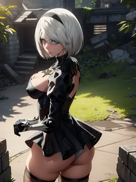 Camera from above, sits on the edge, Sits, Camera from above, Frame from above, sits on the edge of the roof, White Hair Bob, ashy hair, The eyes are covered with a bandage, Cyan eyes, black dress with a short skirt, short black skirt, Skirt covers buttock...