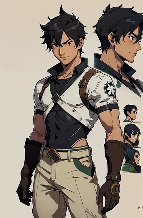 Concept ART Versions ,gojou wakana, Human Male 19 age , Black hair ,Engineer ,Tired eyes ,Smile , Brown pupils, Gloves