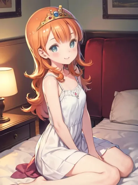 masterpiece, highest quality, dq laura, tiara, orange hair, white camisole, looking at the viewer, smile, bedroom, bed, sitting