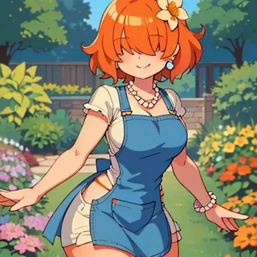 ,High quality,Female ,((hair covering eyes,fluffy hair,short hair,Teeth,smiling,(breasts),solo,orange hair,toned,Earrings,Curvy legs,2 arms, Pearl Necklace,denim apron,in a garden,She has a flower in her hair