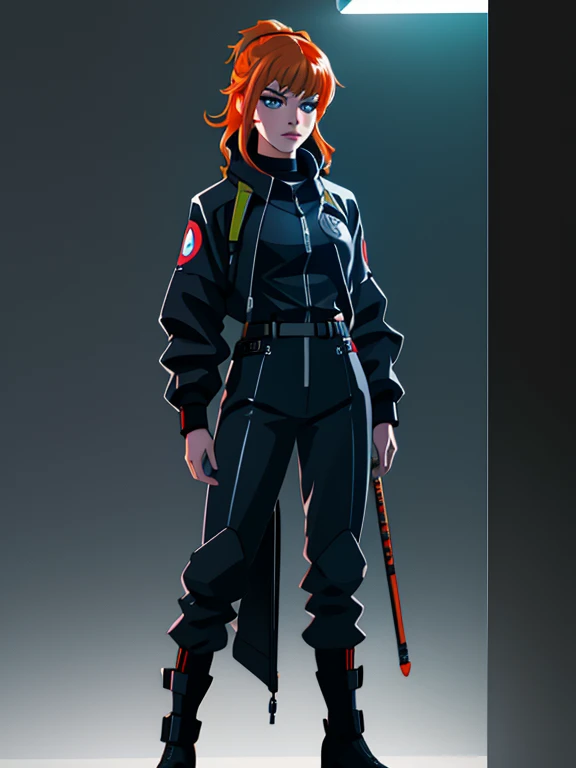 1girl, Sexy Experienced Cyberpunk Agent, orange hair, blue eyes, (Wearing: futuristic black tight jumpsuit, utility belt, boots), light skin, natural makeup, athletic body, standing in a futuristic city with neon lights, holding two pistols with both hands...