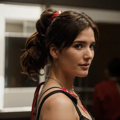 Cobie Smulders with ponytail hair wearing Canadian flag garter belt