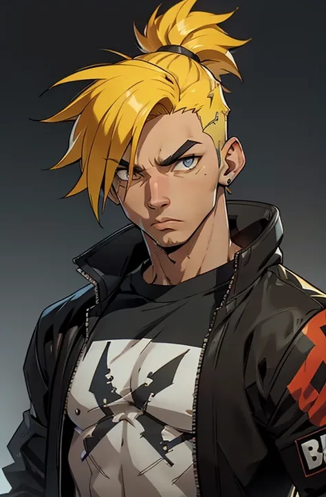 concept art versions ,human male 21age , yellow underdog hair ,big eyebrows, black pupils, muscles ,punk clothing