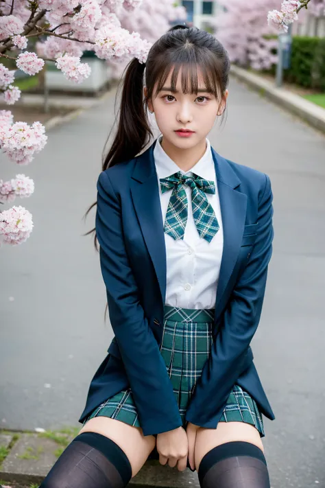 (8K), (highest quality: 1.2), (realistic), (realistic: 1.37), ultra high resolution, 1 girl, cute, angry face, closed mouth, beautiful details, beautiful nose,beautiful hair,ponytail,thighs,university uniform,A simple dark blue satin blazer,Satin White Blo...