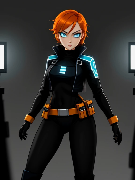 1girl, Sexy Experienced Cyberpunk Agent, short orange hair, blue eyes, (Wearing: futuristic black tight jumpsuit, utility belt, boots), light skin, natural makeup, athletic body, holding two pistols with both hands, looking fiercely at the viewer. heroic p...