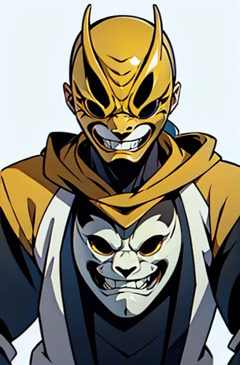 concept art versions , human ,cool yellow mask, white teeth ,smile  ,villain mask