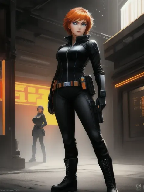 1girl, Sexy Experienced Cyberpunk Agent, short orange hair, blue eyes, (Wearing: futuristic black tight jumpsuit, utility belt, boots), light skin, natural makeup, athletic body, holding two pistols with both hands, looking fiercely at the viewer. heroic p...