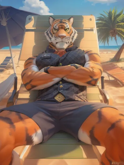 ((( ocar at a beach in a beach lounge chair with an umbrella with the camera angle facing towards him as he is relaxing and his ...