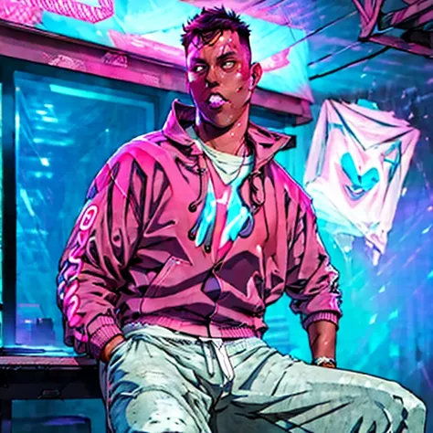 cooperjason a guy wearing jeans and a sweatshirt, hiphop style, neon lights colour, pink purple and blue lights, cluttered environment, cash laying around everywhere