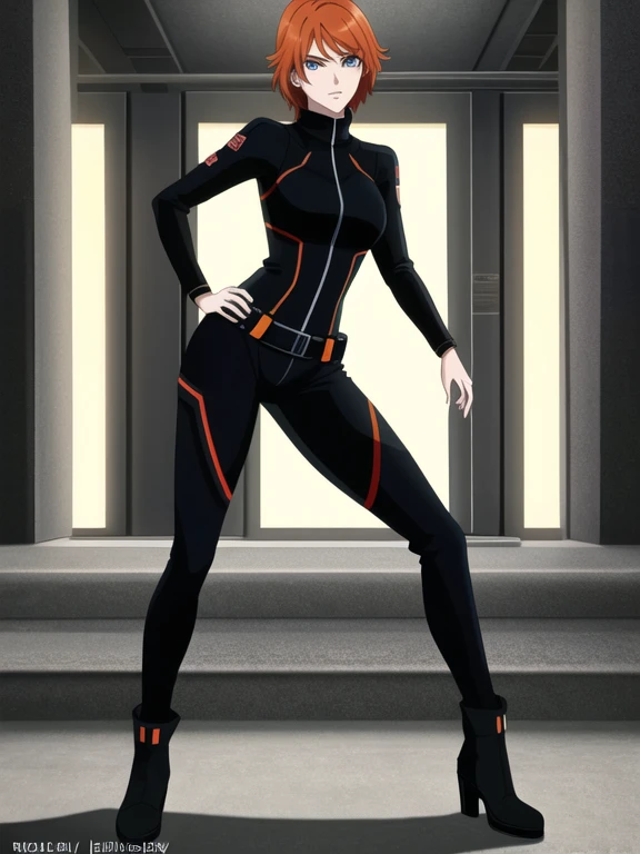 1girl, Sexy Experienced Cyberpunk Agent, short orange hair, blue eyes, (Wearing: futuristic black tight jumpsuit, utility belt, boots), light skin, natural makeup, athletic body, holding two pistols with both hands, looking fiercely at the viewer. heroic p...