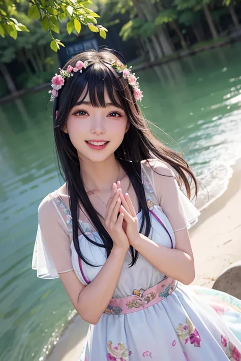 photo realistic、stand in front of a photo、Open mouth and big smile、Water droplets cupping the heart with both hands、flowing iridescent silk、close up of face、eye up、heart pattern colored contact lenses、floral dress、There are flowers in front of me too、petal...