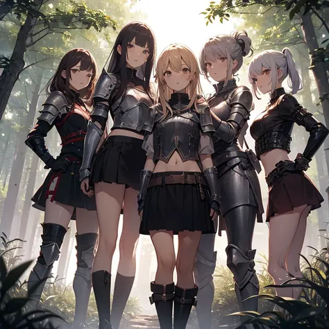 A group of  female knight, (in forest), various hair styles, harem, wearing armored clothes, metal armor, night, details face, , short skirt, seducing, midriff 