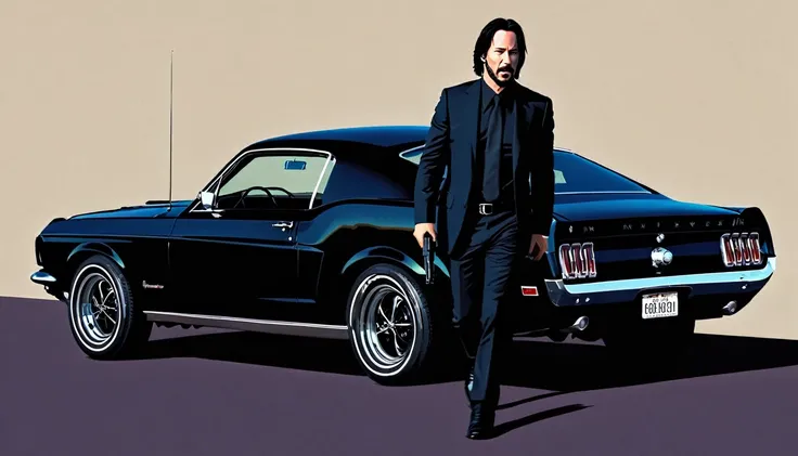 Vector art, vectorized, (ohwx), keanu reeves as John Wick, He walks with a gun in his hand, a car (a 1969 black FORD MUSTANG BOSS 429) with the drivers door open is visible behind him, Vector art,, minimalized, toned colors, 