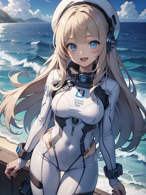 1 girl, alone, chest, looking at the viewer, blush, smile, long hair, bangs, large chest, blonde long hair, long sleeve, blue eyes, headphone,beret,:d, body suit, b space, white body suit, blue sky,Ocean,summer,Wind:1.3,, space suit break 