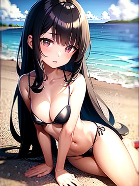 masterpiece , best quality , ultra detailed ,   beautiful Japan tiny bikini girl  ,  breast:1 , only bikini , summer , long black hair  , in beach , pov