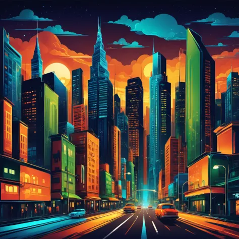 (best quality, highres, ultra sharp), magical ,Vector art of a bustling cityscape at night, high level of detail, vibrant colors, modern style, 4k resolution, dynamic lighting effects, vector art style, art tupu, 70s, 3d crunch, realistic feeling, terrorif...