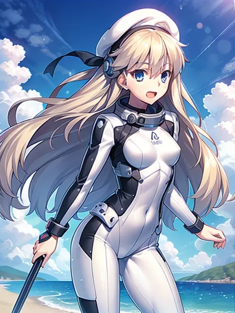 1 girl, alone, chest, looking at the viewer, blush, smile, long hair, bangs, large chest, blonde long hair, long sleeve, blue eyes, headphone,beret,:d, body suit, b space, white body suit, blue sky,Ocean,summer,Wind:1.3,, space suit break 