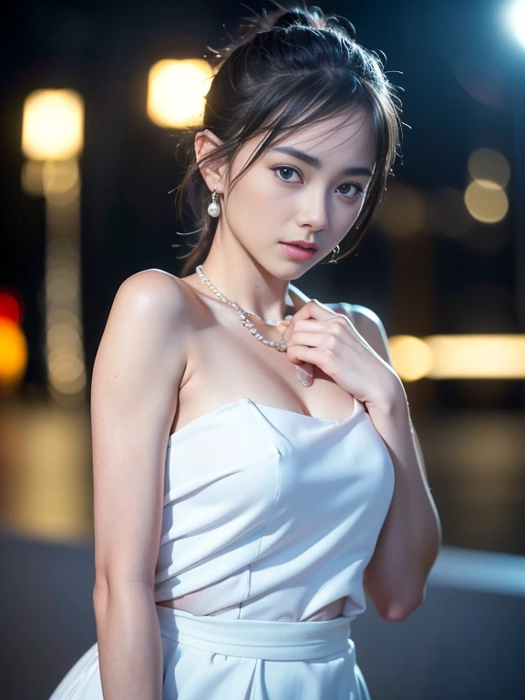 from side, hip up,((addielyn)), side pose, Random posture, night time, (An extremely delicate and beautiful work), (masterpiece), 1girl, streetwear, highly detailed, ponytail contorted, charming expression, beautiful and clear eyes, blue eye pupil, delicat...