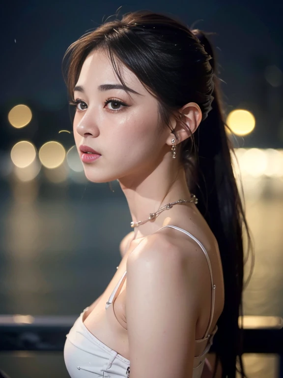 from side, hip up,((addielyn)), side pose, Random posture, night time, (An extremely delicate and beautiful work), (masterpiece), 1girl, streetwear, highly detailed, ponytail contorted, charming expression, beautiful and clear eyes, blue eye pupil, delicat...