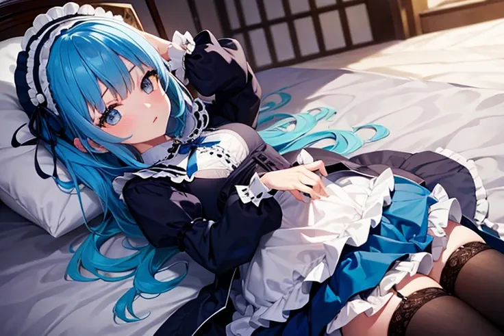 Girl with blue hair wearing a Lolita outfit