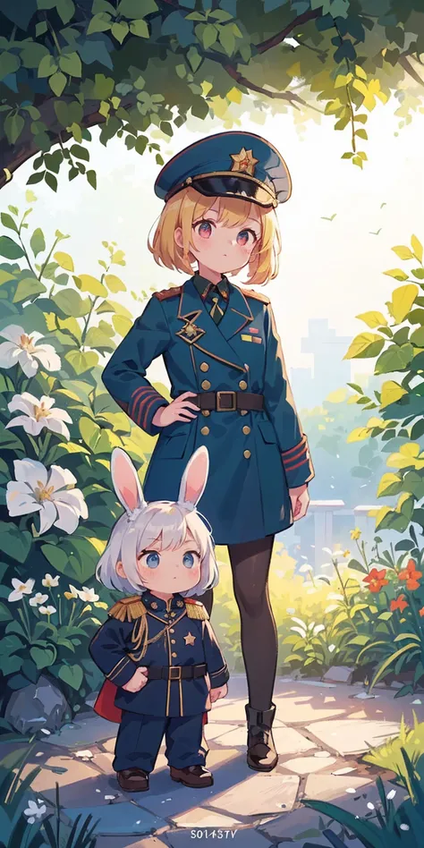 (a girl in a garden, illustration,detailed background,high quality, vibrant colors,warm lighting) (2 female soldiers standing in front, military uniforms, military coats, Soviet style, commissar, female, Frost Star, bunny ears; 1 soldier standing in front,...