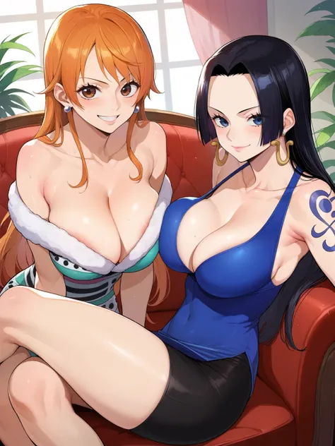 score_9, score_8_up, score_7_up, score_6_up, source_anime, BREAK by ikuchan kaoru, iku, clean color, flat color, sitting, indoors, presenting breasts, couch, clothed, ((2girls)), one piece, BREAK, nami (brown eyes, orange hair), boa hancock (blue eyes, bla...