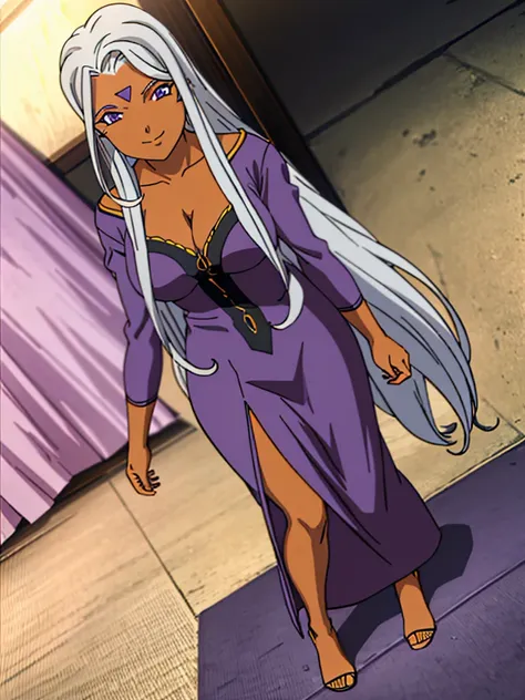 urd, 1girl, solo, dark skin, purple color eyes, cleavage, smile, goddess outfit, standing, full body, perfect quality, good qual...