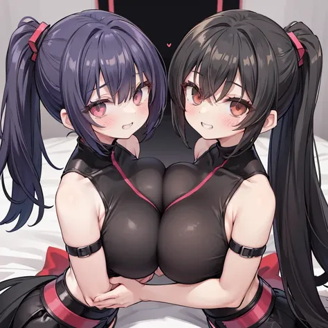 2 girls, ninja girls, twins, black hair, ponytail, huge breasts, grin, bedroom, {{{{{crushed breast,breast press}}}}}, {{{symmetrical_docking ,2girl}}}