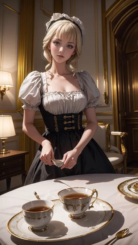 ((最high quality, 8K, masterpiece: 1.3, Ultra HD, high quality, 最high quality, High resolution, realism)) 、Marie Antoinette、Inside the Palace of Versailles in France、Enjoy tea time in a luxurious room