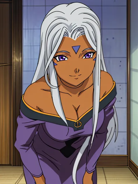 urd, 1girl, solo, dark skin, purple color eyes, cleavage, smile, goddess outfit, standing, perfect quality, good quality, master...