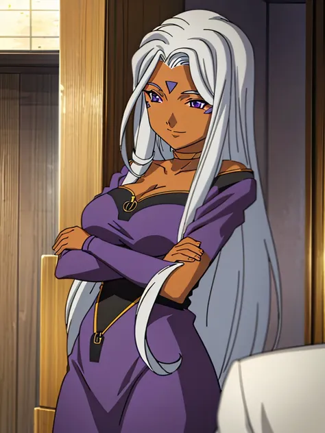 urd, 1girl, solo, dark skin, purple color eyes, cleavage, smile, goddess outfit, standing, perfect quality, good quality, master...