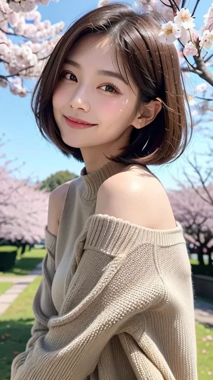 (((close up of face)))、(((Absolutely shoulder-length brown hair straight short bob)))、(((She is posing like a hair salon model with a row of cherry blossom trees in the background.)))、(((casual black winter long sleeve clothes)))、Half Japanese and Korean、1...