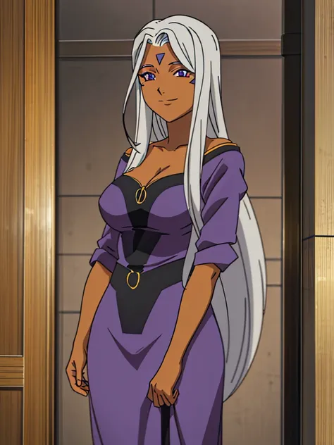 urd, 1girl, solo, dark skin, purple color eyes, cleavage, smile, goddess outfit, standing, perfect quality, good quality, master...