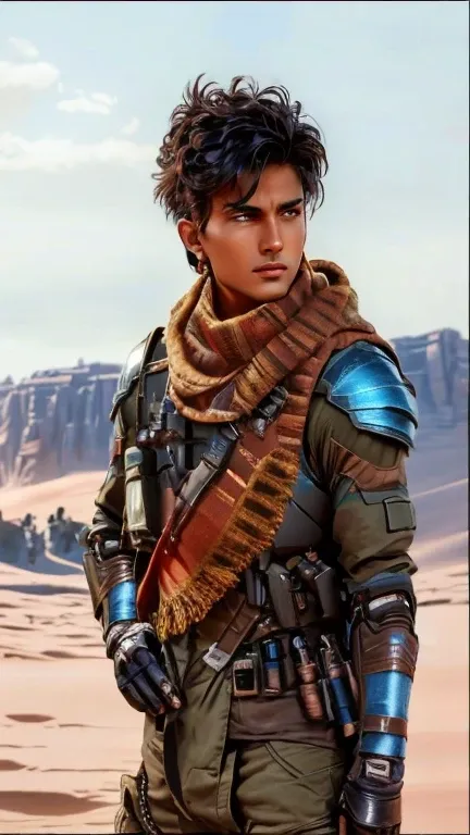 a handsome brown brazilian warrior boy, blue eyes, short crewcut gradient hair (military style) wearing a twill scarf on a deser...